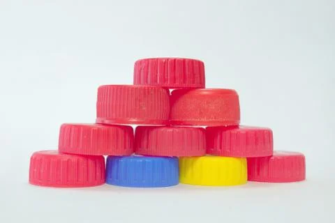 Pyramid of caps of plastic bottles Stock Photos