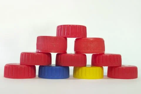 Pyramid of caps from plastic bottles Stock Photos