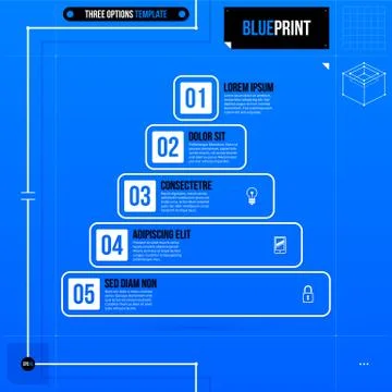 Pyramid chart template with five stages in blueprint style. EPS10 Illustrazione stock