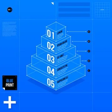 Pyramid chart template with five stages in blueprint style. EPS10 Stock Illustration