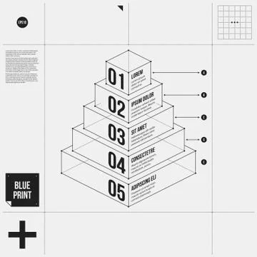 Pyramid chart template with five stages in draft style. EPS10 Stock Illustration