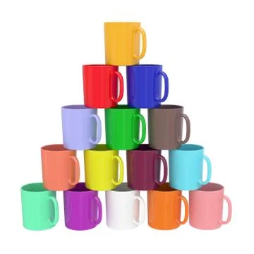 Pyramid composed of colorful ceramic cups isolated on white Stock Illustration