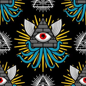 Pyramid with an eye pattern seamless. All-seeing eye background. Symbol of wo Stock Illustration