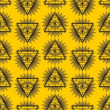 Pyramid with an eye pattern seamless. All-seeing eye background. Symbol of wo Stock Illustration