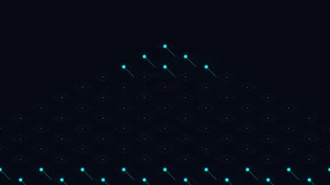 A pyramid of glowing blue light points arranged on a dark background Stockbeeldmateriaal 338310937