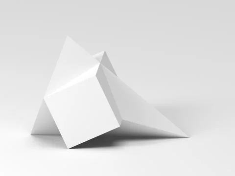 Pyramid merged with a box is in an empty scene. Abstract white shapes Illustrazione stock