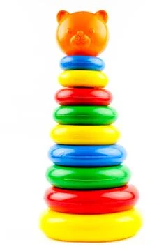 Pyramid of multi-colored rings on a white background Stock Photos
