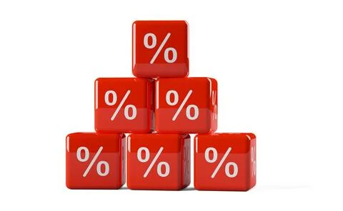 Pyramid of red cube or dice with percent sign symbol on white background, s.. Stock Illustration