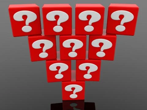 Pyramid of red cubes with white question mark concept on black background Stock Illustration