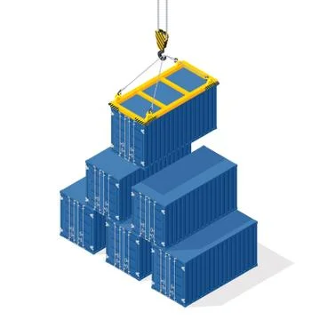 Pyramid of sea containers. The top container lowered the crane Illustrazione stock