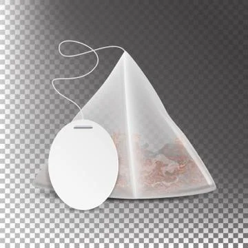 Pyramid Shape Tea Bag Mock Up With Empty White Label. Isolated On Transparency Stock Illustration