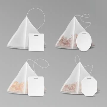 Pyramid Shape Tea Bag Set. Mock Up With Empty Square, Rectangle Labels. 3D Stock Illustration