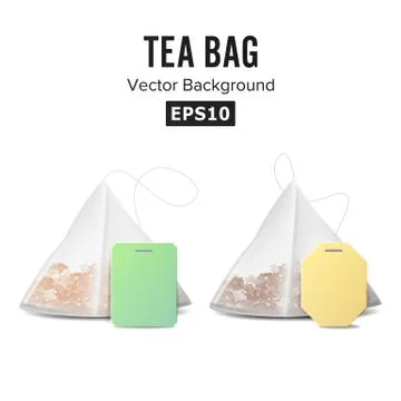 Pyramid Shape Tea Bag Set. Mock Up With Empty Yellow And Green Label. Isolated Stock-Illustration