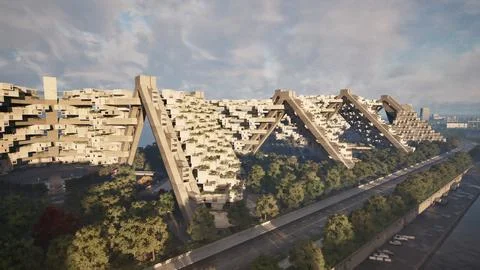A pyramid-shaped building towering over the city skyline Ilustración de archivo