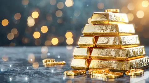 Pyramid stack of shining gold bars on a reflective blue surface against a bok Foto stock