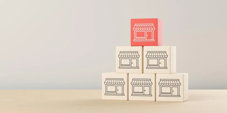 Pyramid stack of wooden cubes with store icons, red one on top with copy sp.. Stock Illustration
