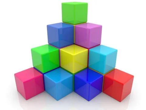 Pyramid stacked cubes in various colors on white background Stock Illustration