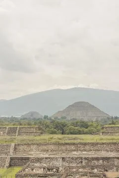 Pyramid of the Sun side view without people with the Pyramid of the Moon in.. Stock Photos