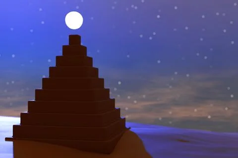 A pyramid under a starry sky with the moon at its peak. Illustrazione stock
