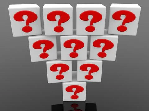 Pyramid of white cubes with red question mark concept on black background Stock Illustration