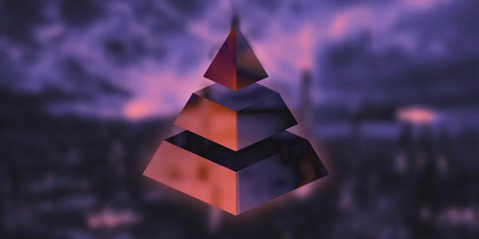 A pyramidal glowing figure. Violet-red tones. Futuristic background Stock Illustration