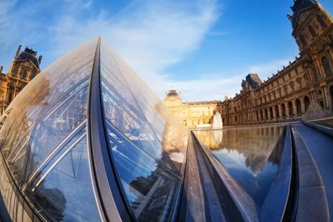 Pyramide du Louvre creative angle and palace 스톡 사진
