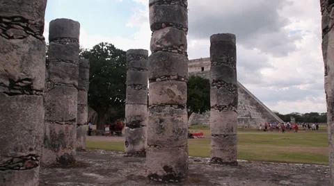 Pyramids and stone columns of Mayan city Stock Footage 34280608