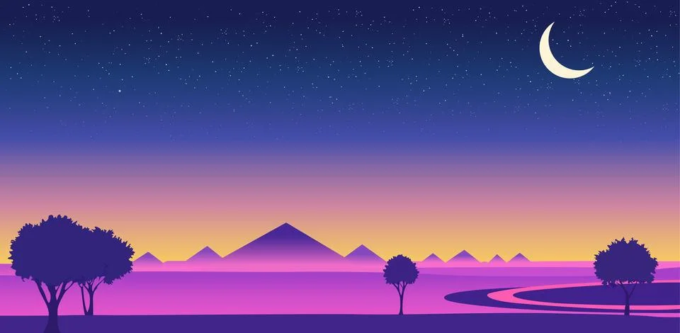 Pyramids in the desert under the night sky with moon Ilustração Stock