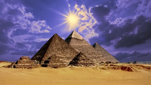 Pyramids in egypt, desert, sand - time lapse clouds with sunbeams Stock Footage 147452114