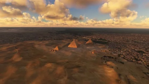 Pyramids of Giza in Egypt. Aerial sunset view of the Pyramids of Giza Stock Footage 219017385