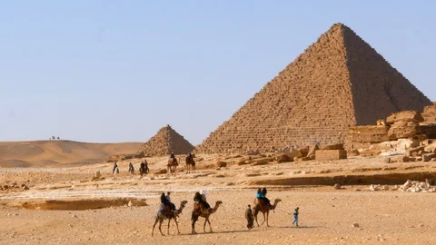 The Pyramids of Khafre and Menkaure at Giza necropolis in Cairo, Egypt Stock Footage 96216632