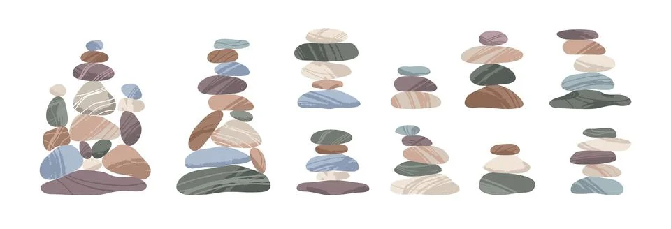 Pyramids made of pebbles. Balanced structures made up of smooth zen stones イラスト素材