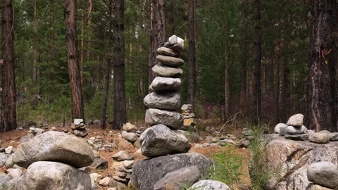 Pyramids of stones in a edge in a pine forest. camera movement. closeup. Stock Footage 229620045