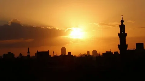 Pyramids sunset in the depth of the background 30 kilometers Stock Footage 122519411