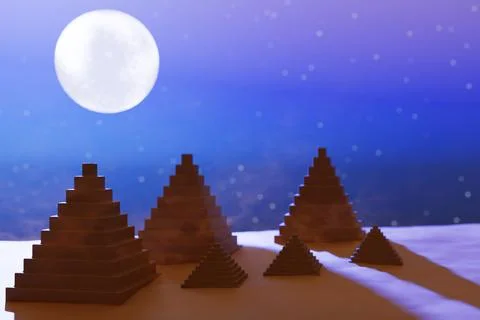 Pyramids under a full moon in a starry night sky. Illustrazione stock