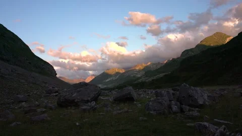 Pyrenees Mountain Valley Sunset Panoramic Wide Shot Video stock 343254401
