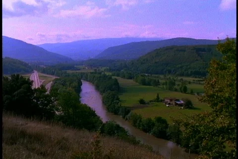 Pyrenees river, running through the Vallee de L'Ariege, mountains in background Stock Footage 86752816