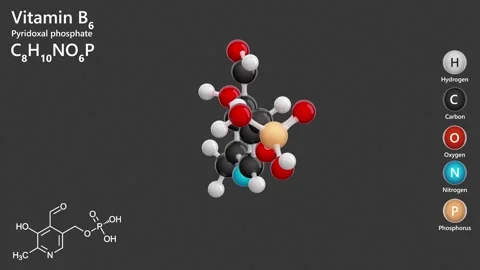 Pyridoxal phosphate. 3d model of molecule. C8H10NO6P. Gray back. 3D render Vídeo Stock 288451479
