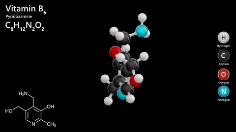 Pyridoxamine. 3d model of molecule. C8H12N2O2. Black back. 3D render 스톡 동영상 288451440