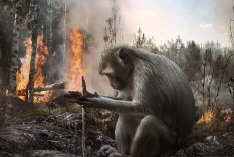 Pyromaniac mokey setting fire in the forest. Deforestation, danger, environment. Stock Photos