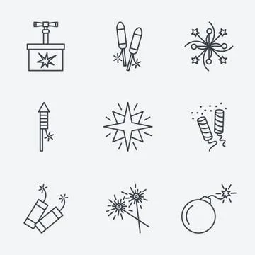 Pyrotechnic set, thin line style, modern flat Illustrazione stock