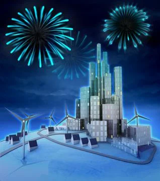 Pyrotechnics above futuristic windmill powered city illustration Ilustração Stock