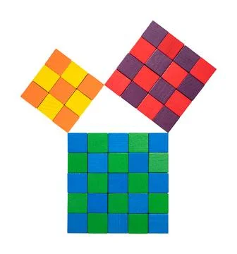 Pythagorean theorem, shown with subdivided colorful wooden cubes Stock Photos