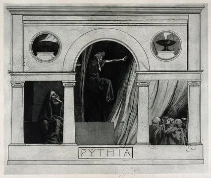 The Pythia of Delphi (Delphic oracle), in her temple, giving prophecies to .. Stock-Illustration