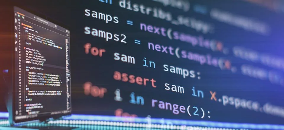 Python algorithm development concept. Digital tablet with code and zoomed-in  Foto stock