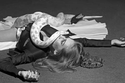 Python crawl on woman with long hair. Sensual woman with snake. Woman with 写真素材