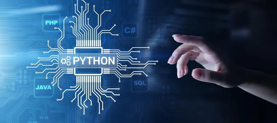 Python high-level programing language. Application and web development concept Stock Photos