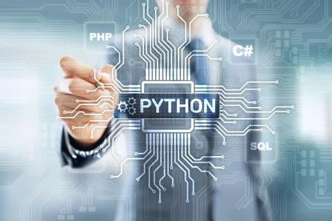 Python high-level programing language. Application and web development concept Stock Photos
