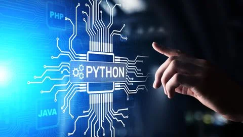 Python high-level programing language. Application and web development concept Stock Photos