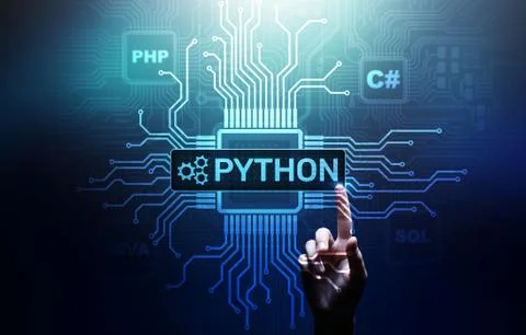 Python high-level programing language. Application and web development concept Stock Photos